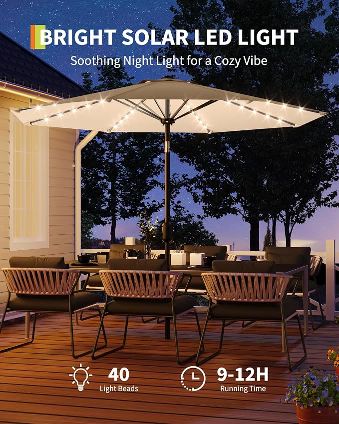 GarveeLife 10 ft Patio Umbrella with Solar Lights, 8 Ribs Outdoor Market Table Umbrella with 40 LED Lights & Tilt Crank for Pool, Deck, Backyard (Tan)