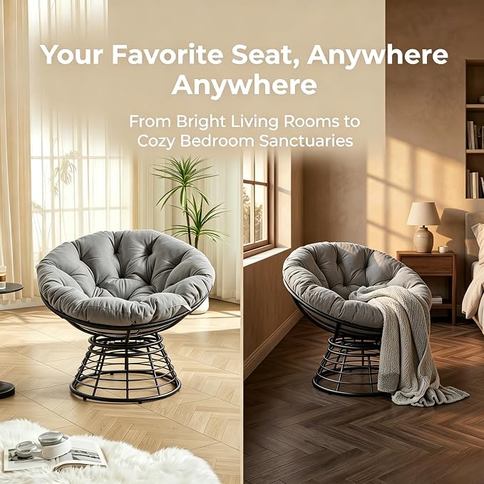 Cushion Papasan Swivel Chair, Ergonomic Wicker Round Chair with Thick Padding, Oversized Swivel Wicker Accent Chairs for Living Room, Bedroom, Reading Room, Balcony, Brown Frame, Gray