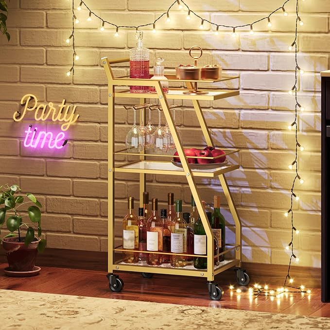 Bar Cart, 3-Tier Home Bar Serving Cart with Wheels, Drink Cart with Glass Holder, Beverage Cart, Rolling Kitchen Cart, for Home, Living Room, Transparent and Gold BC03GD