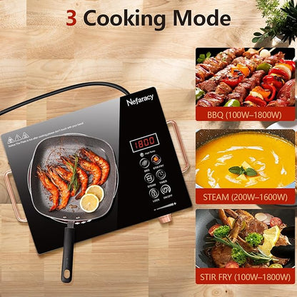 Single Burner Electric Cooktop 110V, Nefaracy Portable Electrical Stove 1800W Electric Burner Portable with Handle Touch Control & Knob Control, Timer, Safety Lock(Plug in)