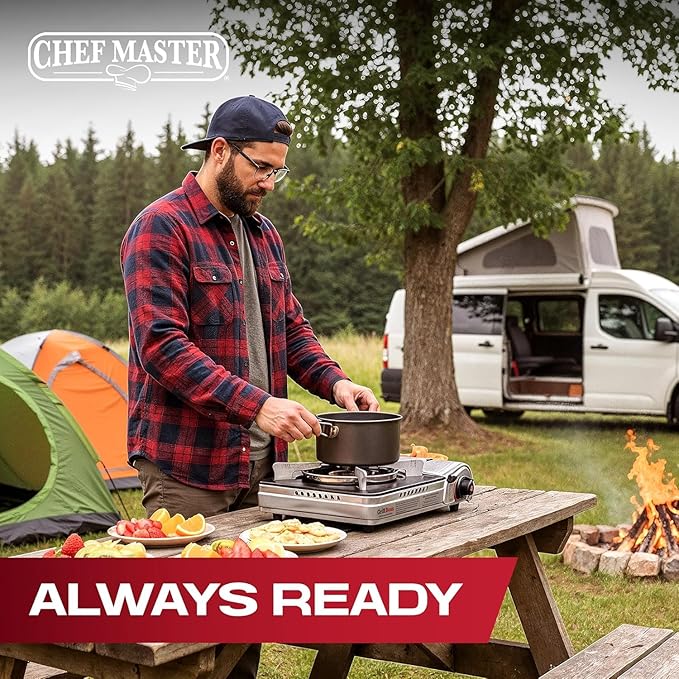 Chef Master Grill Boss Dual Fuel Camping Stove, Butane & Propane, 12000 BTU | Single Burner Gas Cooker, Propane Adapter Included, Works Below Freezing, Double Wind Guard, Piezo Ignition, Hiking, 90057