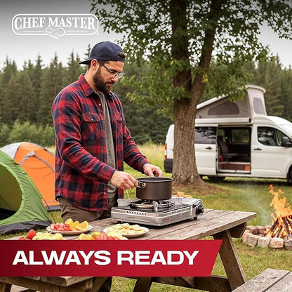 Chef Master Grill Boss Dual Fuel Camping Stove, Butane & Propane, 12000 BTU | Single Burner Gas Cooker, Propane Adapter Included, Works Below Freezing, Double Wind Guard, Piezo Ignition, Hiking, 90057
