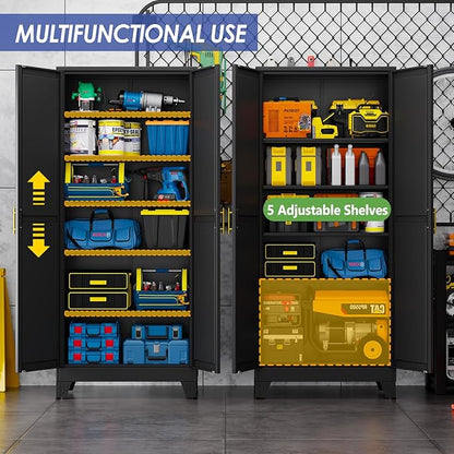 75" Metal Garage Storage Cabinet with 2 Doors and 5 Adjustable Shelves,Metal Storage Cabinets,Steel Tool Cabinets for Home,Office,Garage,Warehouse,Widen (Black, 75''H x 32''W x 16''D-B)