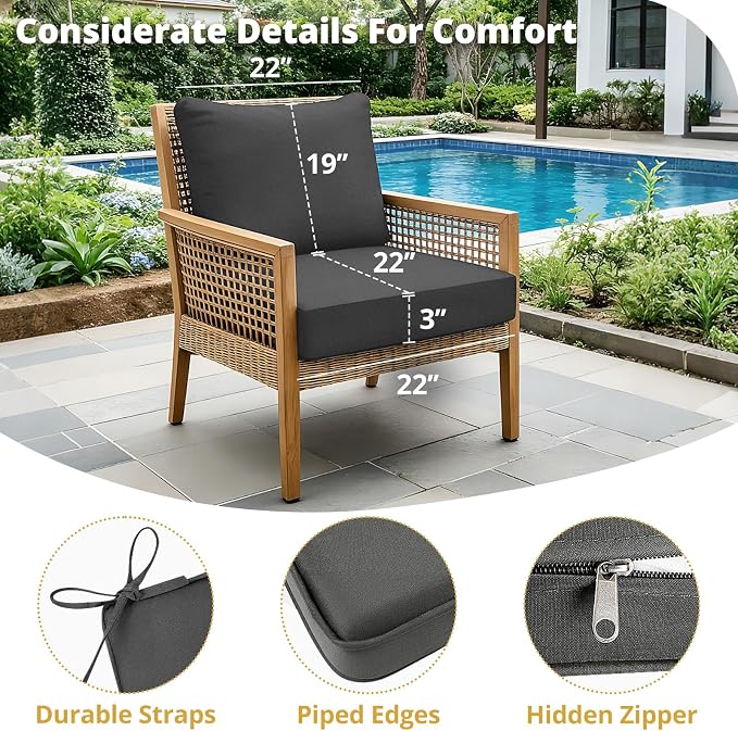 Outdoor Chair Cushions Patio Furniture Seat & Back Pillow 22 x 22 Inch Gray | Rain-Proof Cover Removable Replacement with Ties for Wicker Sofa Couch Sunbrella Outside