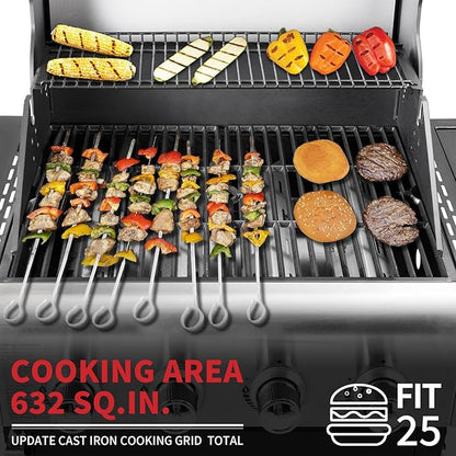 Kendane 4-Burner Propane Gas BBQ Grill with Side Burner, Barbecue Gas Grill with Enameled Cast Iron Grates for Outdoor Patio Garden Barbecue, 53,000 BTU, Stainless Steel Grill Cover included
