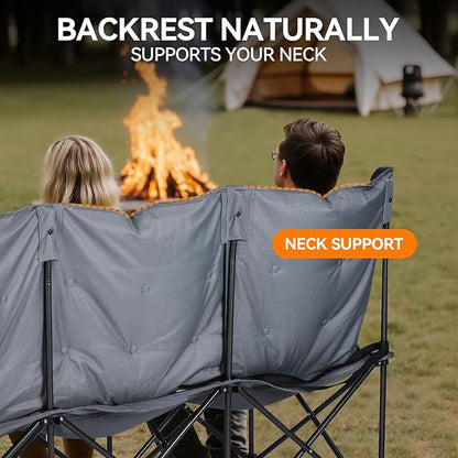Huskfirm 3 Person Camping Chair Padded Loveseat Camping Chair Folding Grey | Camping Couch Portable Double Camping Chairs Heavy Duty Camp Chair for Adults Outdoor Lawn with Two Cup Holders and Carry Bag