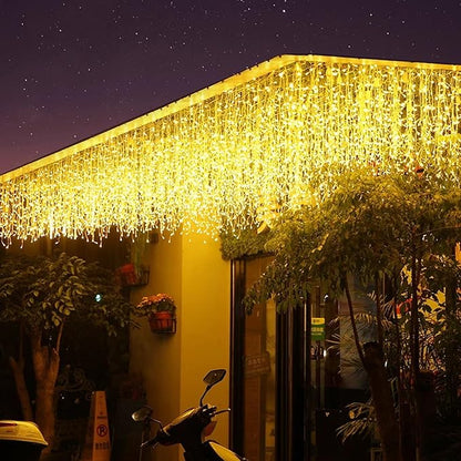 LED Icicle Lights, 8 Modes 19.7FT 150 LEDs Christmas Short Curtain Fairy Hanging Ceiling Extendable Lights for Wedding Balcony Doorway Outdoor Indoor Decoration Warm White, 6M05