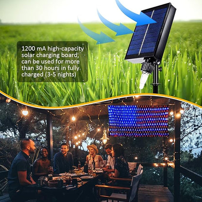 (New) Solar Powered American Flag Lights, 420 LED Flag, 4th of July Decorations, Outdoor Waterproof Remote Controlled Patriotic Lights for Independence Day, National Day, Memorial Day, Yard