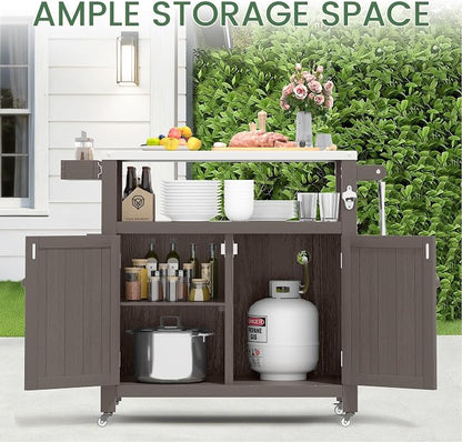 Weatherproof HIPS Outdoor Kitchen Island with Stainless Steel Top & Storage Cabinet, Movable Prep Table with Wheels for BBQ Food Prep, Outdoor Grill Cart for Parties, Cocoa Brown