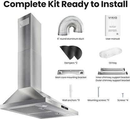 VIKIO HOME 36 Inch Wall Mount Range Hood 580CFM Low Noise Touch Control | Ducted/Ductless Convertible, Stainless Steel Kitchen Vent Hood with 3-Speed Fan and LED Lights