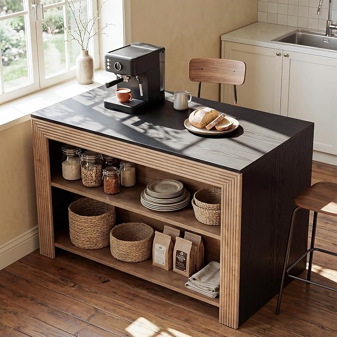 LITTLE TREE Kitchen Island with Storage, 55 Inch Island, Modern Farmhouse Kitchen Counter, Fluted Reeded Frame Open Shelves Prep Workstation, Black and Brown