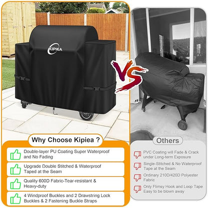 Kipiea Heavy Duty Grill Cover for Traeger Ironwood 885, 600D Oxford Fabric Wood Pellet Smoker Covers Waterproof & Windproof, Pellet BBQ Grill Cover for Outside Anti-UV, No Tear, No Fading