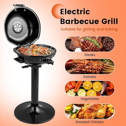 COSTWAY Electric BBQ Grill, Portable Grill with Metal Cooking Grilling Rack, Detachable Temperature Control & Removable Grease Collector, Outdoor Freestanding Grill for Camping &Tailgating (Black)