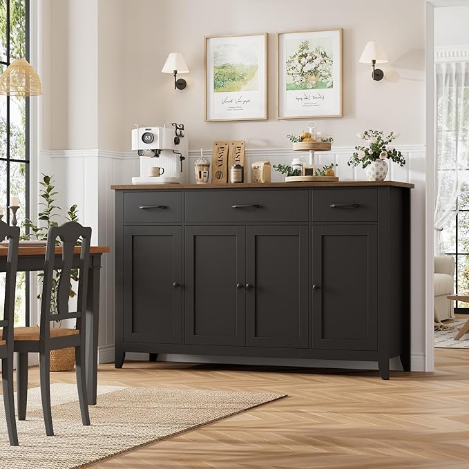 HORSTORS 55" Buffet Cabinet, Modern Farmhouse Sideboard Buffet with Drawers, Large Kitchen Storage Cabinet with Adjustable Shelves, Wood Coffee Bar for Kitchen, Dining Room, Living Room, Black