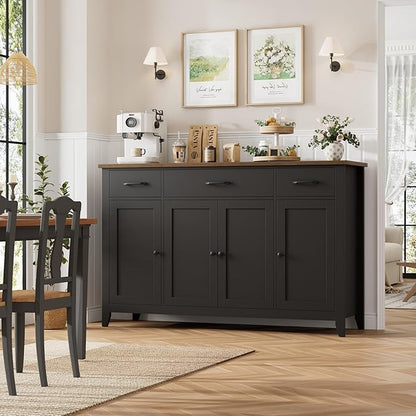 HORSTORS 55" Buffet Cabinet, Modern Farmhouse Sideboard Buffet with Drawers, Large Kitchen Storage Cabinet with Adjustable Shelves, Wood Coffee Bar for Kitchen, Dining Room, Living Room, Black