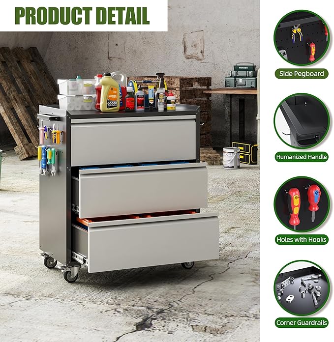 Aobabo Metal Rolling Tool Storage Cabinet with Drawers, Side Pegboards, Left Handle, Lockable Casters, Garage Workshop Utility Cart, 18.11 D x 30.3 W x 35.4 H Inches,Assembly Required