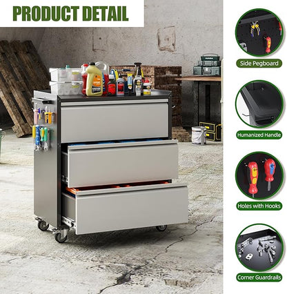 Aobabo Metal Rolling Tool Storage Cabinet with Drawers, Side Pegboards, Left Handle, Lockable Casters, Garage Workshop Utility Cart, 18.11 D x 30.3 W x 35.4 H Inches,Assembly Required