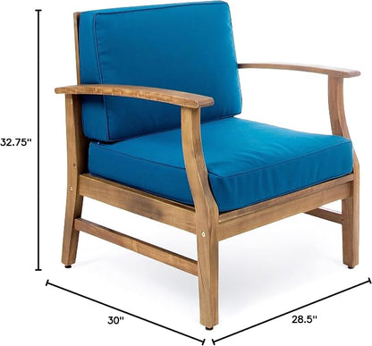 Christopher Knight Home Perla Outdoor Acacia Wood Club Chairs with Water Resistant Cushions, 2-Pcs Set, Teak Finish / Blue