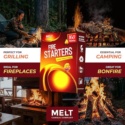 Fire Starter Squares, 160 pcs - Charcoal Fire Starters for Campfires, Grill, Outdoor Pit, Fireplace, Wood Stove, BBQ - Firestarter Sticks, Water Resistant & Odorless - Camping Accessories Essentials
