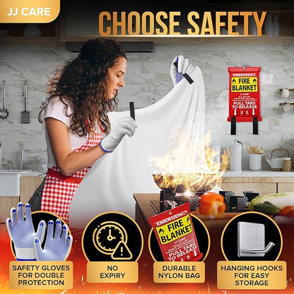 JJ CARE Fire Blanket – 10 Packs with Hooks and Gloves – 40” x 40” Fire Blankets Emergency for Home and Kitchen, High Heat Resistant and Flame Protection for Kitchen, Car, Office, Camping & Home Safety