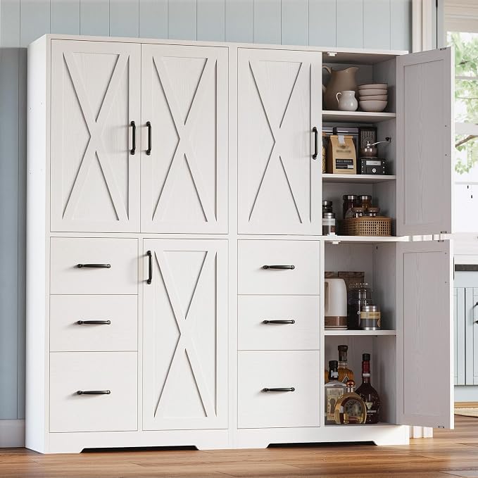 IRONCK Pantry Cabinet, Kitchen Storage Cabinet with 3 Door & Drawer, White | Adjustable Shelf. 67.5inch Tall. 5 Tier Freestanding. 150 lbs Per Shelf. Modern Style. FSC-certified Wood. Anti-tip.