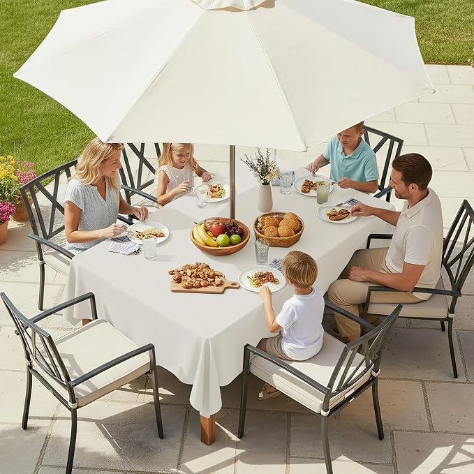 LUSHVIDA Rectangle Outdoor Tablecloth with Umbrella Hole and Zipper, 60x120 Inch Beige, Washable Waterproof Table Cloth Spill Proof Wrinkle Free Table Cover for Patio Spring Summer Picnic BBQS