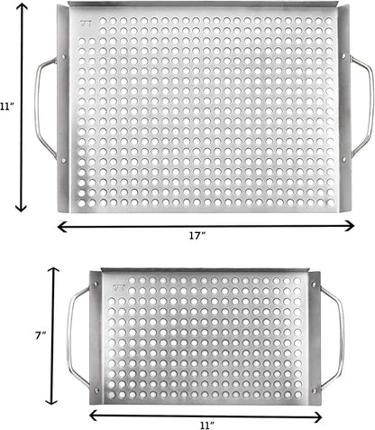 Outset Stainless Steel Grill Topper Grid, Set of 2, 11"x7" and 11"x17" BBQ Basket Trays