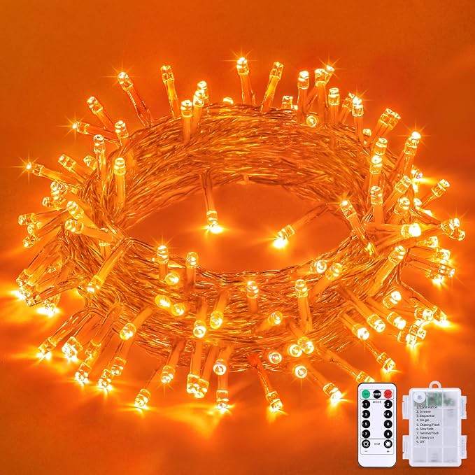 JMEXSUSS 33FT 100 LED Orange Lights for Halloween, Battery Operated | Halloween Lights Outdoor Indoor, 8 Modes Remote String Lights for Yard Tree Front Porch Room House Fence Xmas Decor