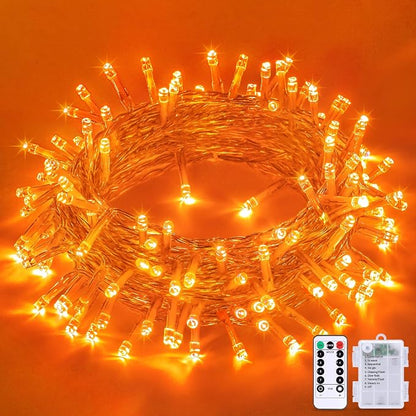 JMEXSUSS 33FT 100 LED Orange Lights for Halloween, Battery Operated | Halloween Lights Outdoor Indoor, 8 Modes Remote String Lights for Yard Tree Front Porch Room House Fence Xmas Decor