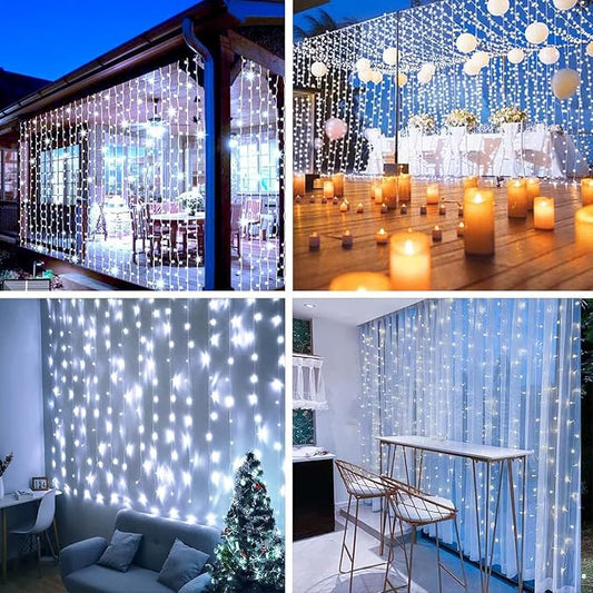 300LED Solar Curtain Lights USB & Solar Dual Powered 8 Modes Waterproof String Lights for Home Indoor Outdoor Use Garden Patio Decoration (Cold White)