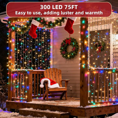300LED 75FT Christmas Lights Indoor, LED Christmas Tree Decoration Lights with 12 Modes & Timer Memory, Dimmable Plug In Waterproof LED Xmas Light for Yard Trees Wedding Party Holiday Multicolor