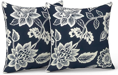 LVTXIII Outdoor Throw Pillows 18x18 Patio Waterproof Square Pillows with Piping Fade Resistant Accent Pillow for Spring Summer Garden Decoration, Set of 2, Elegant Vines Navy