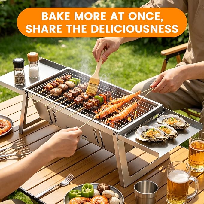 Foldable Stainless Steel Charcoal Grill, Ultra-Portable Mini BBQ Grill with Adjustable Heat, Tabletop Barbecue Grill for Camping, Picnic, Backyard, Terrace & Travel
