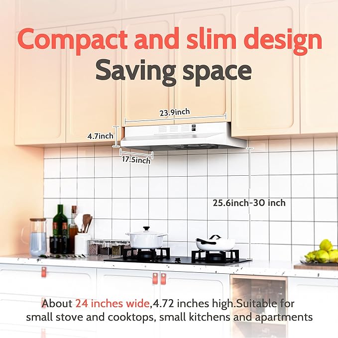 FIREGAS 24 inch Range Hood, 300CFM Ducted/Ductless Convertible Under Cabinet Range Hood in White Painted Stainless Steel with 2 watt LED Light and Filter, 2 fan speeds,hassle-free installation