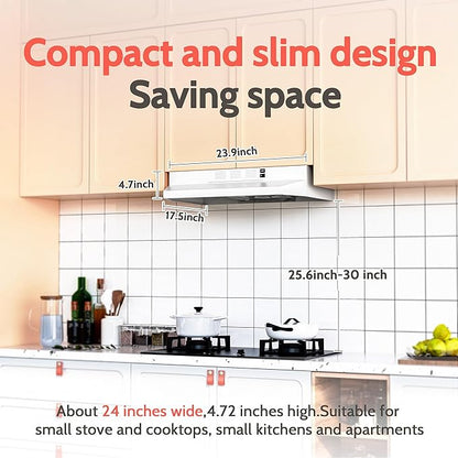 FIREGAS 24 inch Range Hood, 300CFM Ducted/Ductless Convertible Under Cabinet Range Hood in White Painted Stainless Steel with 2 watt LED Light and Filter, 2 fan speeds,hassle-free installation