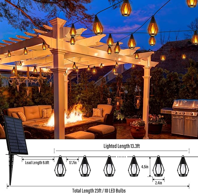 Flacchi Solar String Lights Outdoor, 41FT Flame Solar Powered Patio Lights with 15 Bulbs 150 LEDs, Waterproof Outdoor String Lights for Garden Yard Patio Decor, Outside Decor for Party Camping BBQ