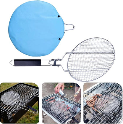 Round Grill Basket, Folding Stainless Steel Barbecue Nets Grilling Accessories, Metal Fish Clips with Removable Handle, Non-stick Clamp Grilled BBQ Supply, Outdoor Vegetable Grilling Rack