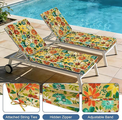 LVTXIII Outdoor Chaise Lounge Cushion 72x21x3 Inch, Water-Repellent Patio Seat Cushion with Ties & Hidden Zipper, Thick Foam Pad for Lawn Chair, Poolside, Patio Furniture, Floral Multi