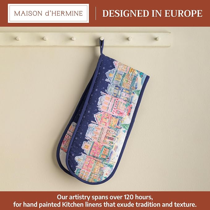 Maison d' Hermine Double Oven Mitts 100% Cotton Double Oven Glove (7"x35") | Heat Resistant BBQ Cooking Gloves with Loop Baking Kitchen Home Farmhouse Thanksgiving Christmas - Christmas Market - Blue