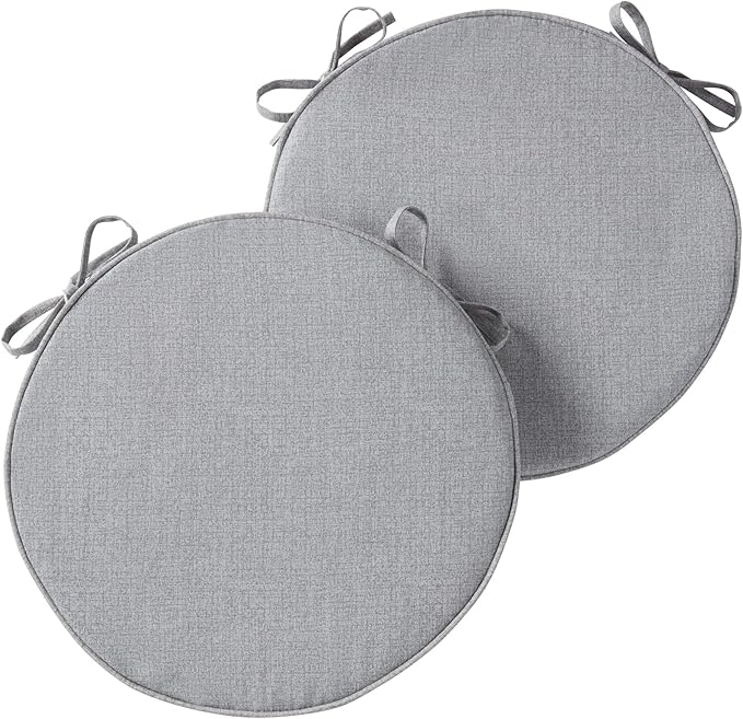 Set of 2 Outdoor 18 inch Round Patio Dining Chair Pads – Comfortable Fiber-Filled Seat Cushions with Ties, Reversible Polyester Fabric - Heather Gray