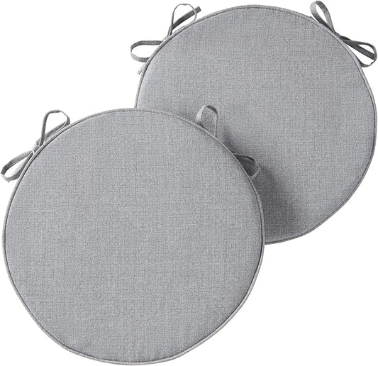 Set of 2 Outdoor 18 inch Round Patio Dining Chair Pads – Comfortable Fiber-Filled Seat Cushions with Ties, Reversible Polyester Fabric - Heather Gray