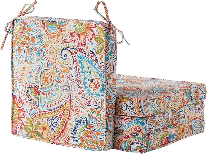 Outdoor 18 inch Square Patio Dining Chair Pads – Comfortable Fiber-Filled Seat Cushions with Ties, Reversible Polyester Fabric - Jamboree Paisley, Set of 4