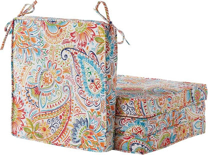 Outdoor 18 inch Square Patio Dining Chair Pads – Comfortable Fiber-Filled Seat Cushions with Ties, Reversible Polyester Fabric - Jamboree Paisley, Set of 4