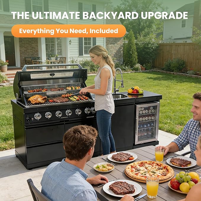 43In Outdoor Kitchen Gas Grill, 6-Burner 85,000 BTU BBQ Grill with Infrared Rotisserie,Granite Countertop, Refrigerator,Grill Cart.(Black+82in)