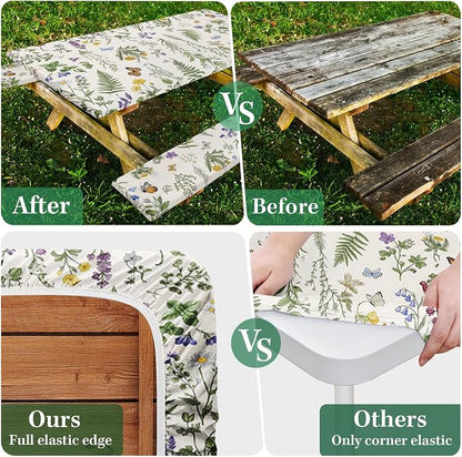 Picnic Table Cover with Bench Covers Elastic Edges, Wildflower Flower Camper Fitted Table Cover, Outdoor Camping Essentials 72 Inch 3PCS, Waterproof Camping Fitted Tablecloth with Drawstring Bag