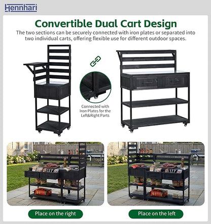 62.3'' Outdoor Kitchen Island with Stainless Steel Top and Raised Shelf, Potting Bench with Drawers and Wheels, Grill Prep Table for BBQ, Patio, Party (Black)