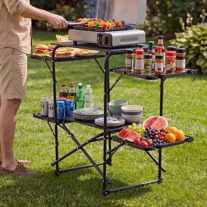VEVOR Camping Kitchen Table, Slim-Fold Cook Station, Portable Folding Table, with 4 Side Tables, Heat Resistant Tabletop, and Carrying Bag, Ideal for Outdoor Picnics, BBQs, Camping, RV Traveling
