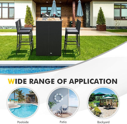 5 Piece Patio Wicker Bar Set, Rattan Bar Stools Set for Bistro with Acacia Wood Tabletop & Seat Cushions, Outdoor High Top Table and Chairs for Backyard Garden Porch Poolside (47.5 Inch)