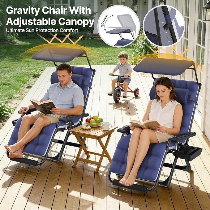 Suteck Zero Gravity Chair with Canopy, 29In XL Oversized Lounge Chairs | w/Removable Cushion&Headrest, Upgraded Lock and Footrest, Folding Reclining Patio Chairs Recliner for Indoor Outdoor