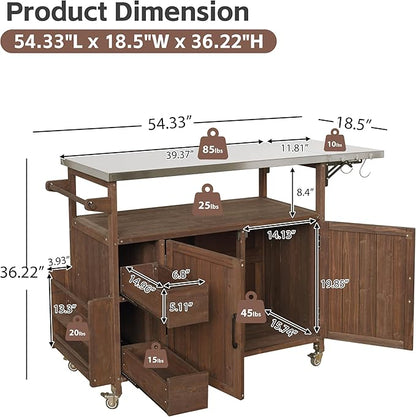 Christopher Knight Home Edsel Outdoor Bar Cart with Stainless Steel Top and Lockable Wheels, Solid Wood Outdoor Storage Cabinet, Kitchen Island Serving Cart for Poolside, Garden, Brown+Silver